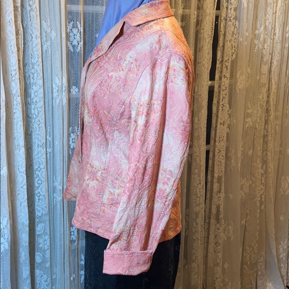 Coldwater Creek pink embroidered jean jacket. 16.